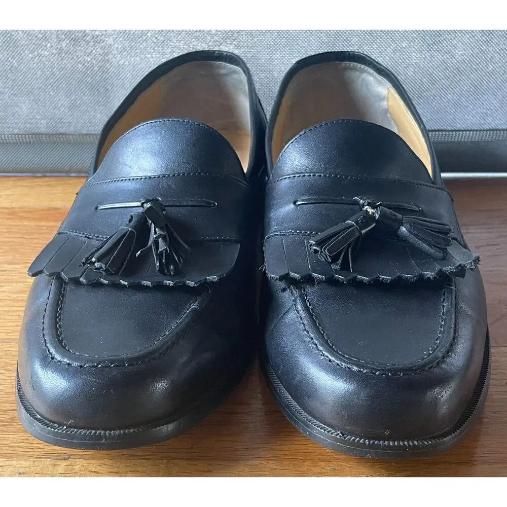 Chaps Mens 9.5M Black Leather Kiltie Fringe Tassel Loafers Dress Shoes